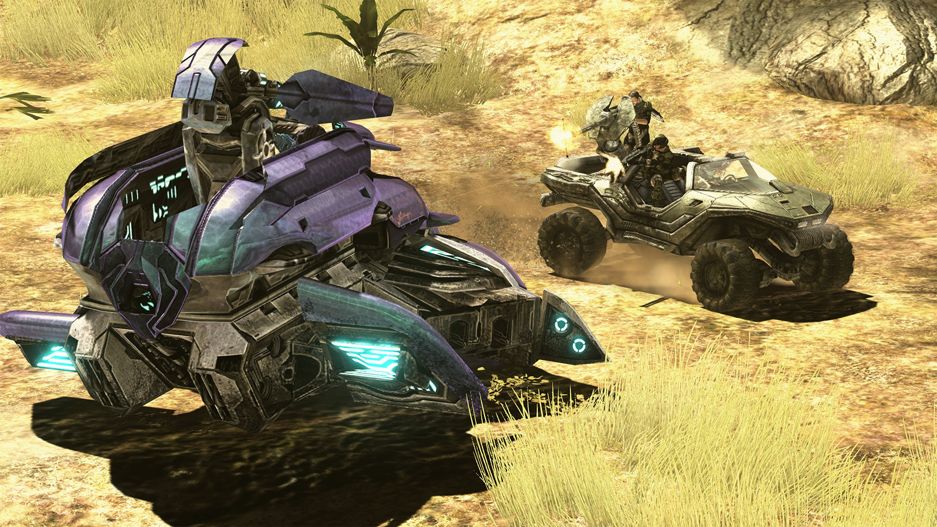 Halo 3: ODST dans MCC : un soldat conduit un Ghost près d’un Warthog sur un terrain herbeux.