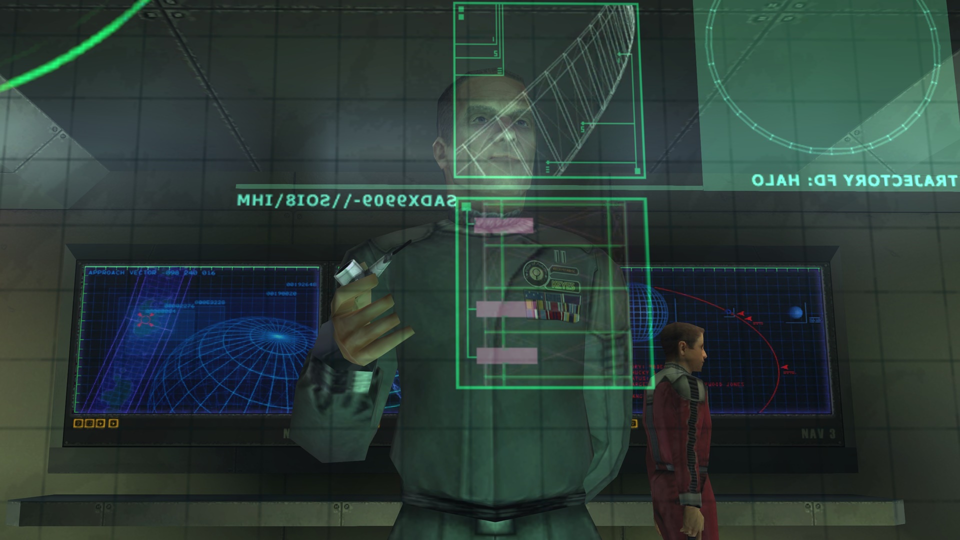 Le capitaine Keyes tient sa pipe derrière un écran transparent, avec Cortana à ses côtés.