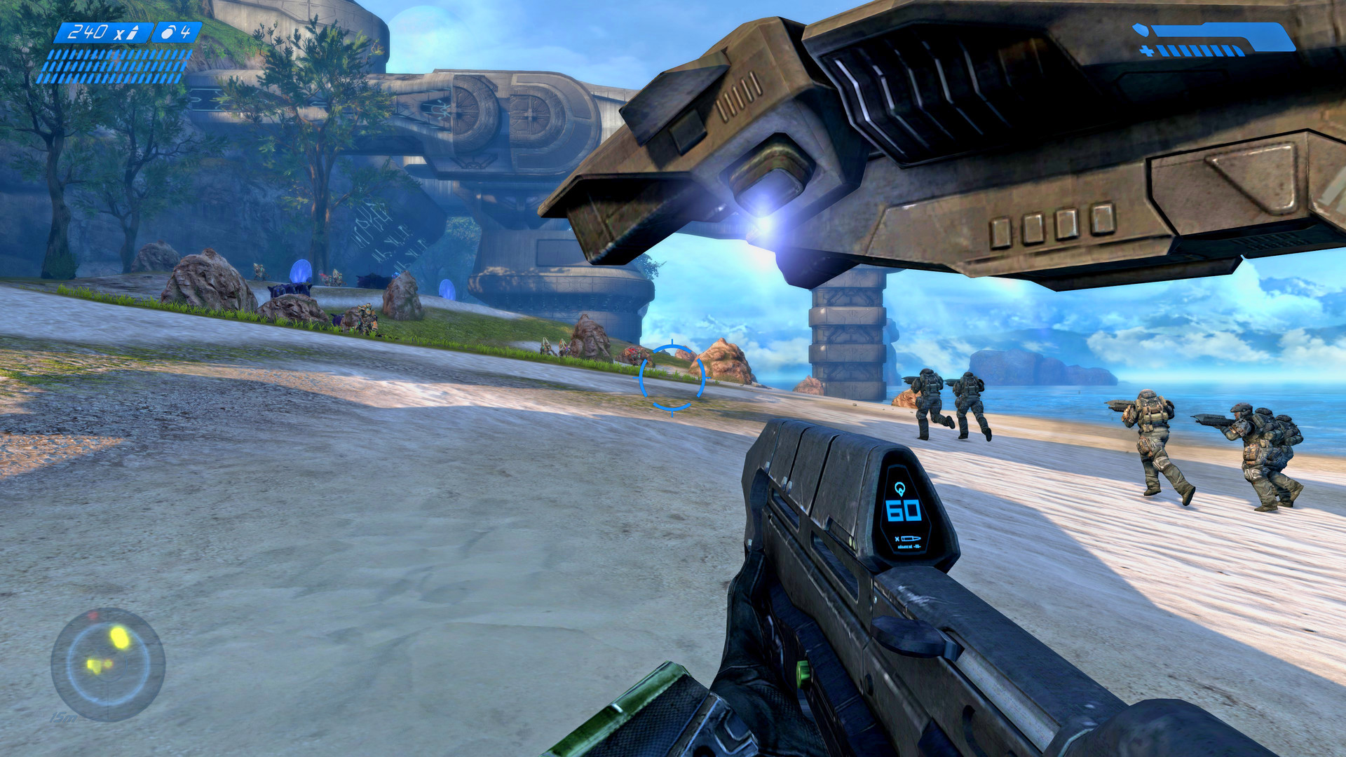Combat Evolved Anniversary dans MCC : un Pelican se pose près de marines, vu à travers le fusil du joueur.
