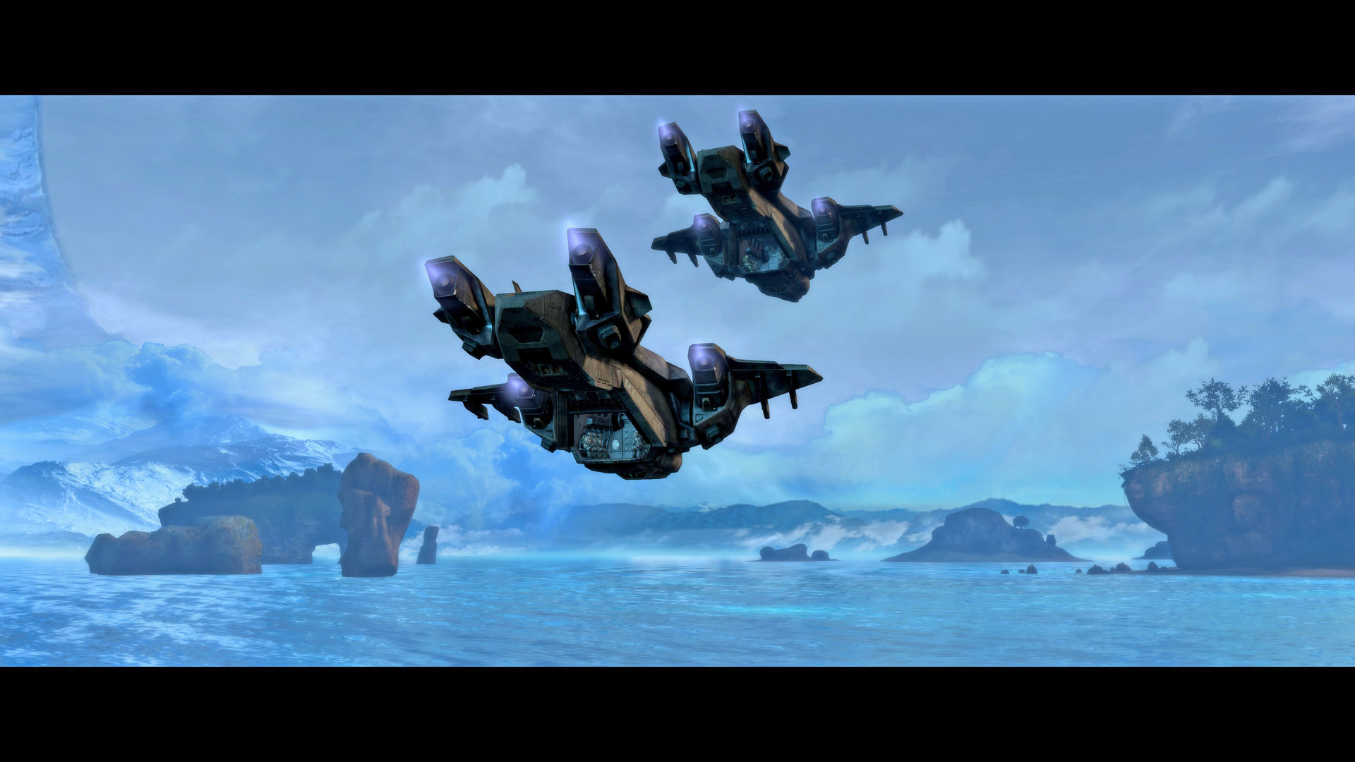 Cinématique de Combat Evolved Anniversary dans MCC : deux Pelicans survolent l’océan face aux reliefs côtiers.
