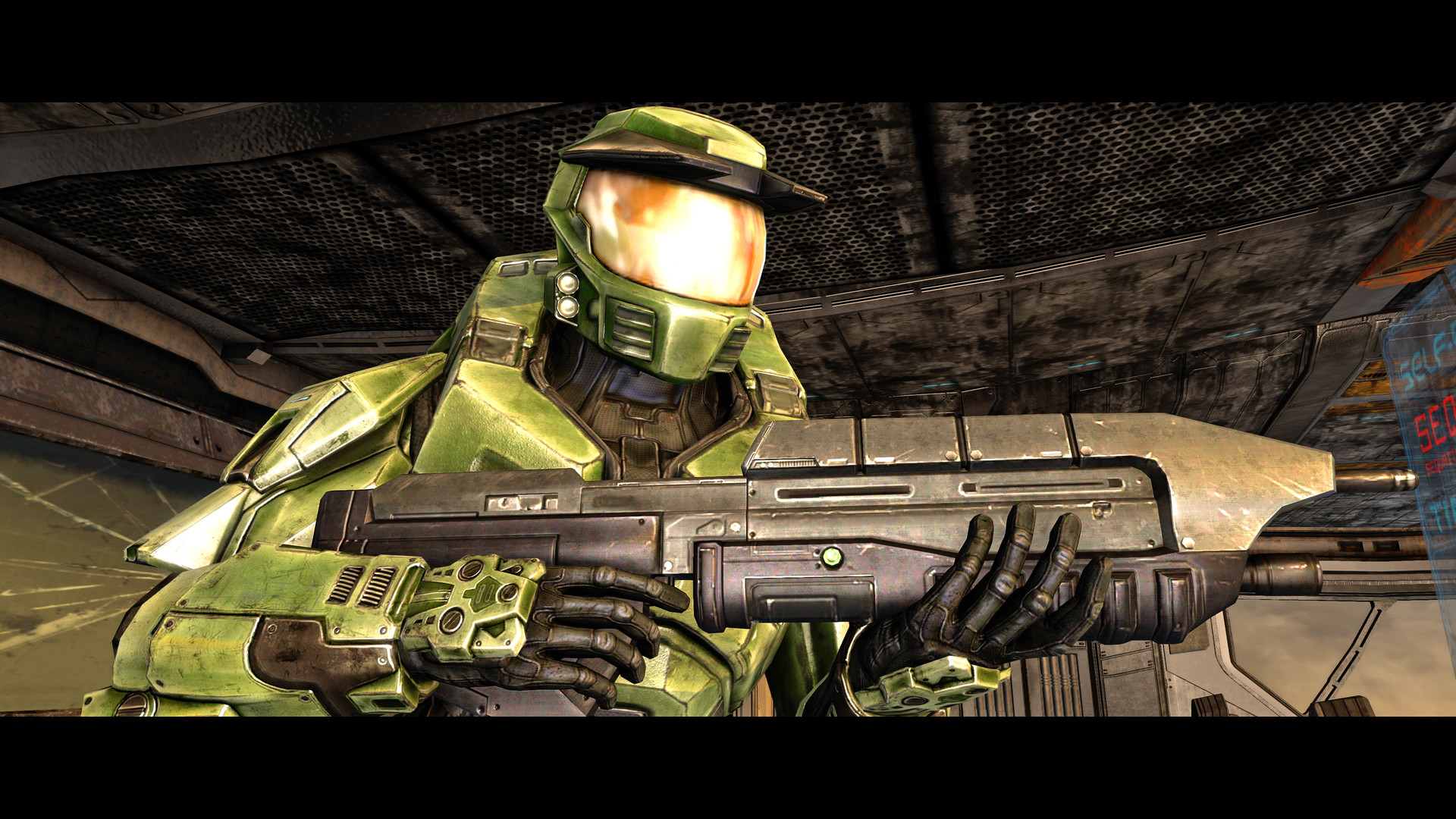 Cinématique de Combat Evolved Anniversary dans MCC : le Major tient son fusil dans un couloir métallique.