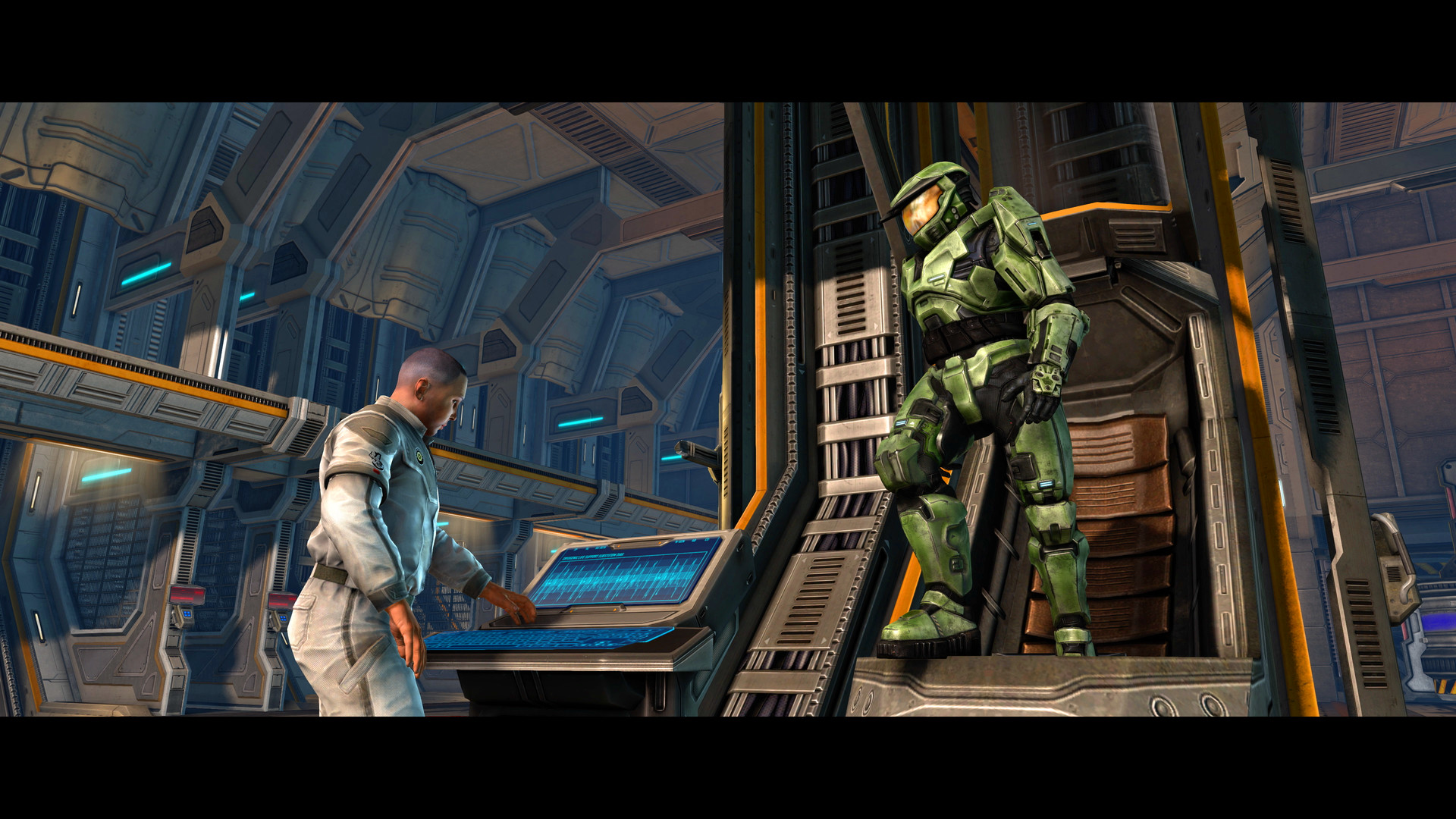 Cinématique de Combat Evolved Anniversary dans MCC : le Major descend de son compartiment auprès d’un technicien.