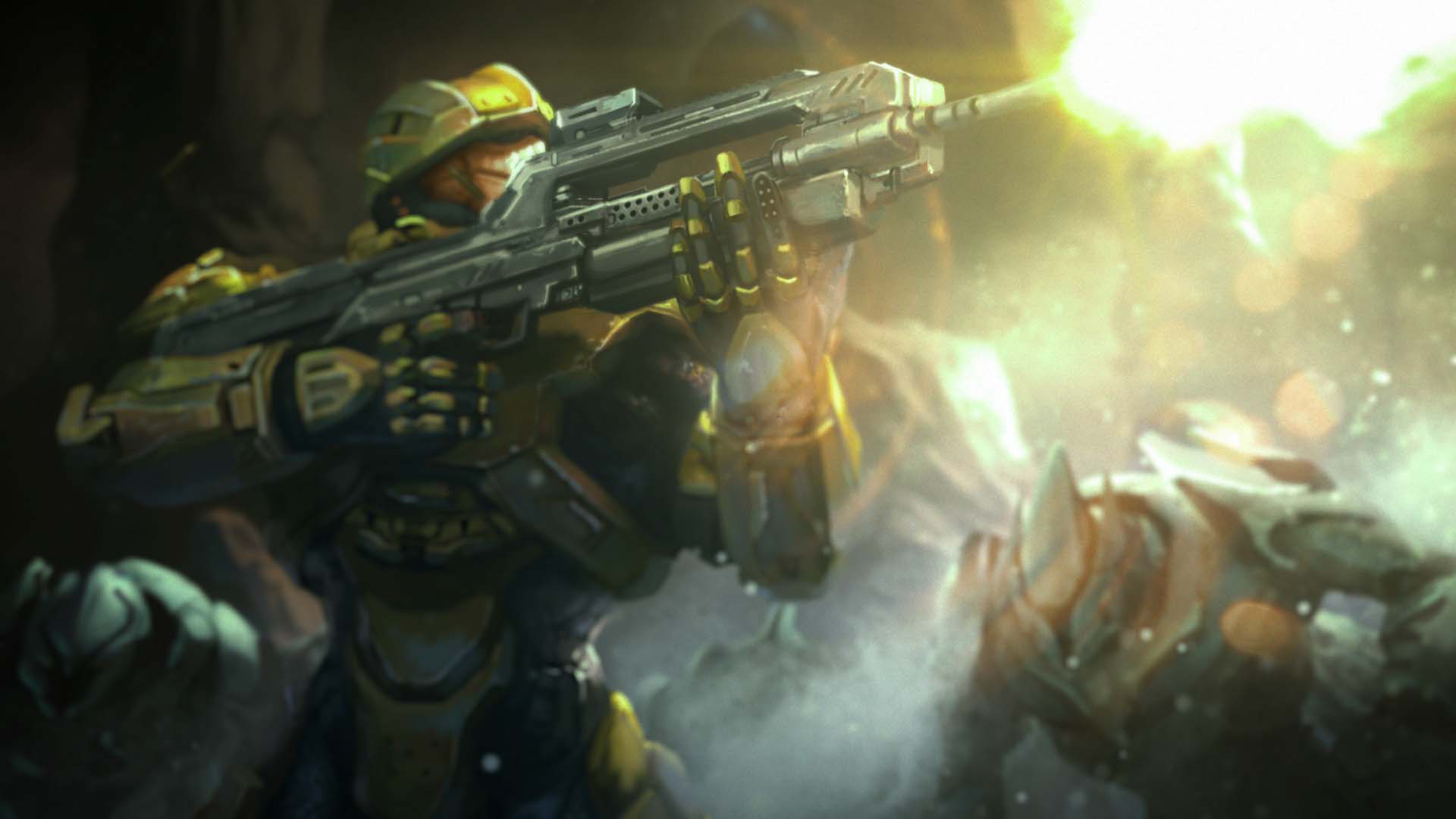 Illustration cinématique : un Spartan en armure verte tire avec une arme lourde.