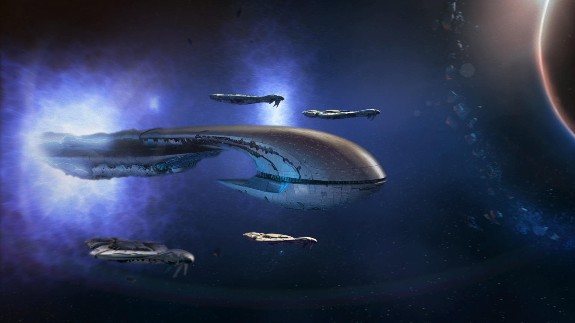 Illustration cinématique : une flotte de vaisseaux covenants approche d’une planète.