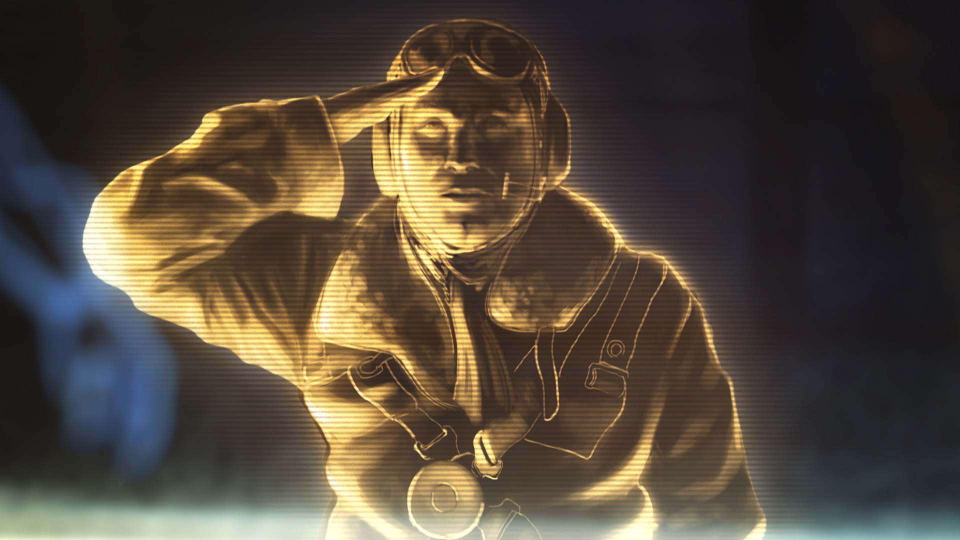 Illustration cinématique de la version Xbox : un officier apparaît sous forme d’hologramme doré.