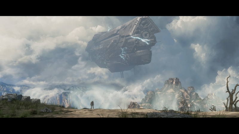 Cinématique de Halo 4 dans MCC : un immense vaisseau apparaît au-dessus des montagnes.