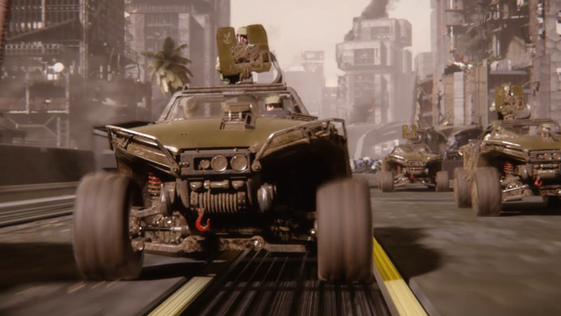 Cinématique de Halo 2: Anniversary dans MCC : des Warthogs traversent une avenue de New Mombasa.