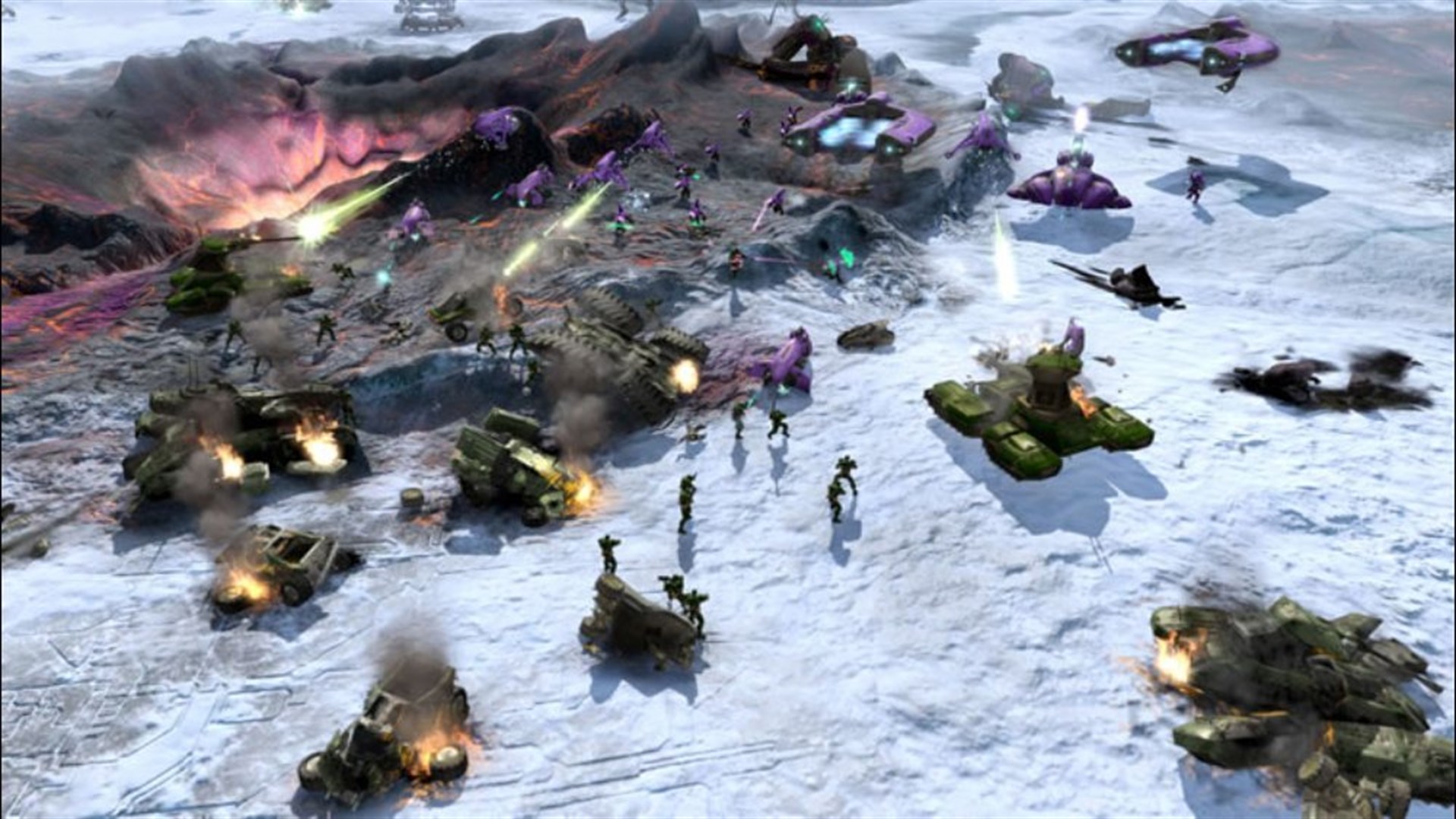 Capture officielle de Halo Wars sur Xbox 360 : chars de l’UNSC attaquant une base covenante dans la neige.