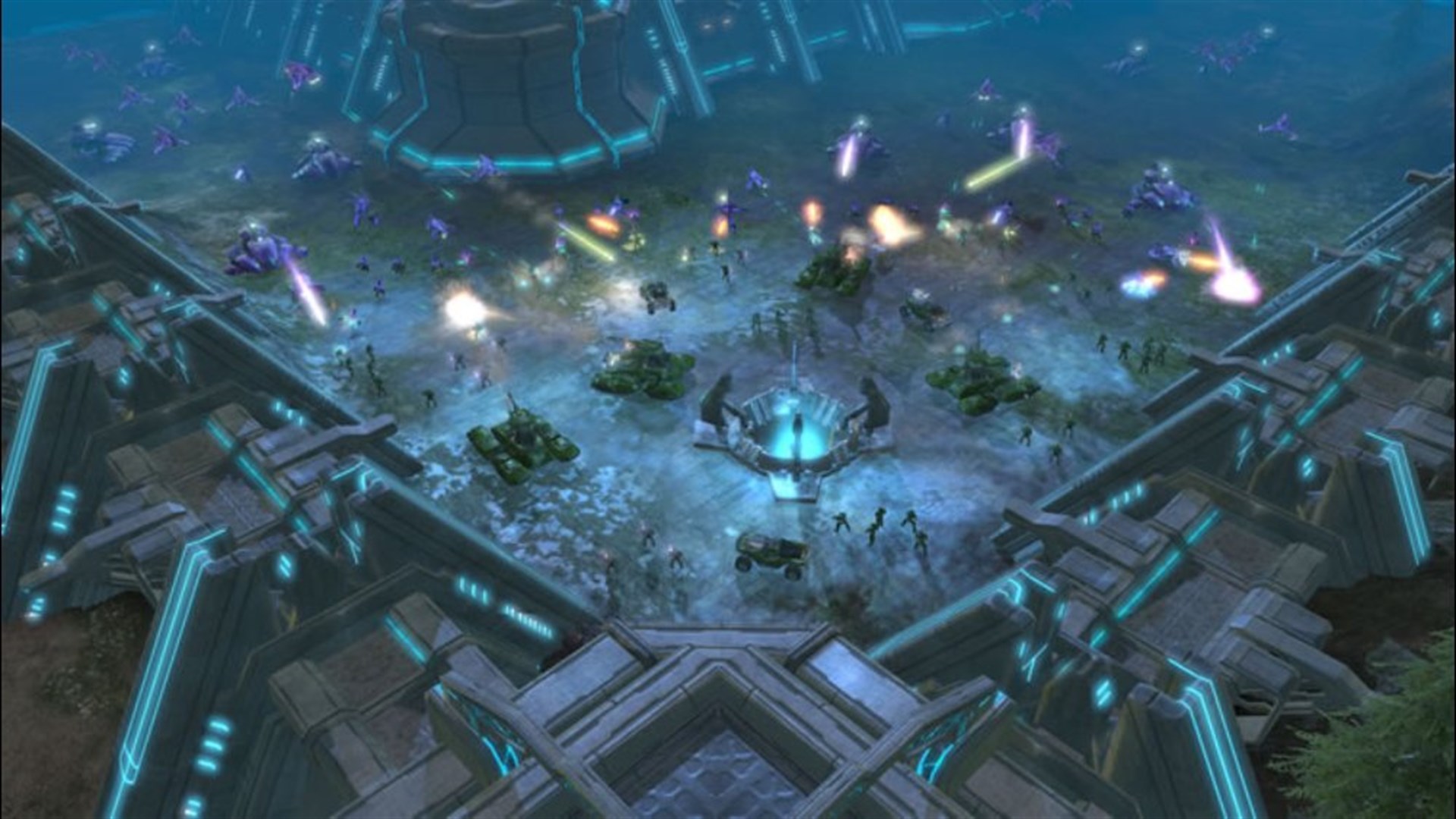 Capture officielle de Halo Wars sur Xbox 360 : armées en combat dans une grande structure éclairée en bleu.