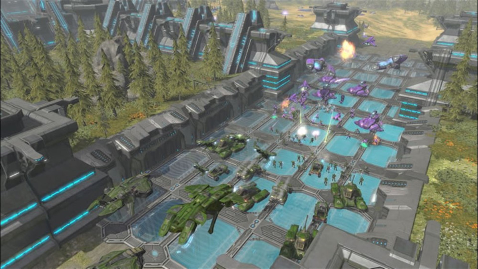 Capture officielle de Halo Wars sur Xbox 360 : des blindés et aéronefs se rencontrent sur un pont surélevé.