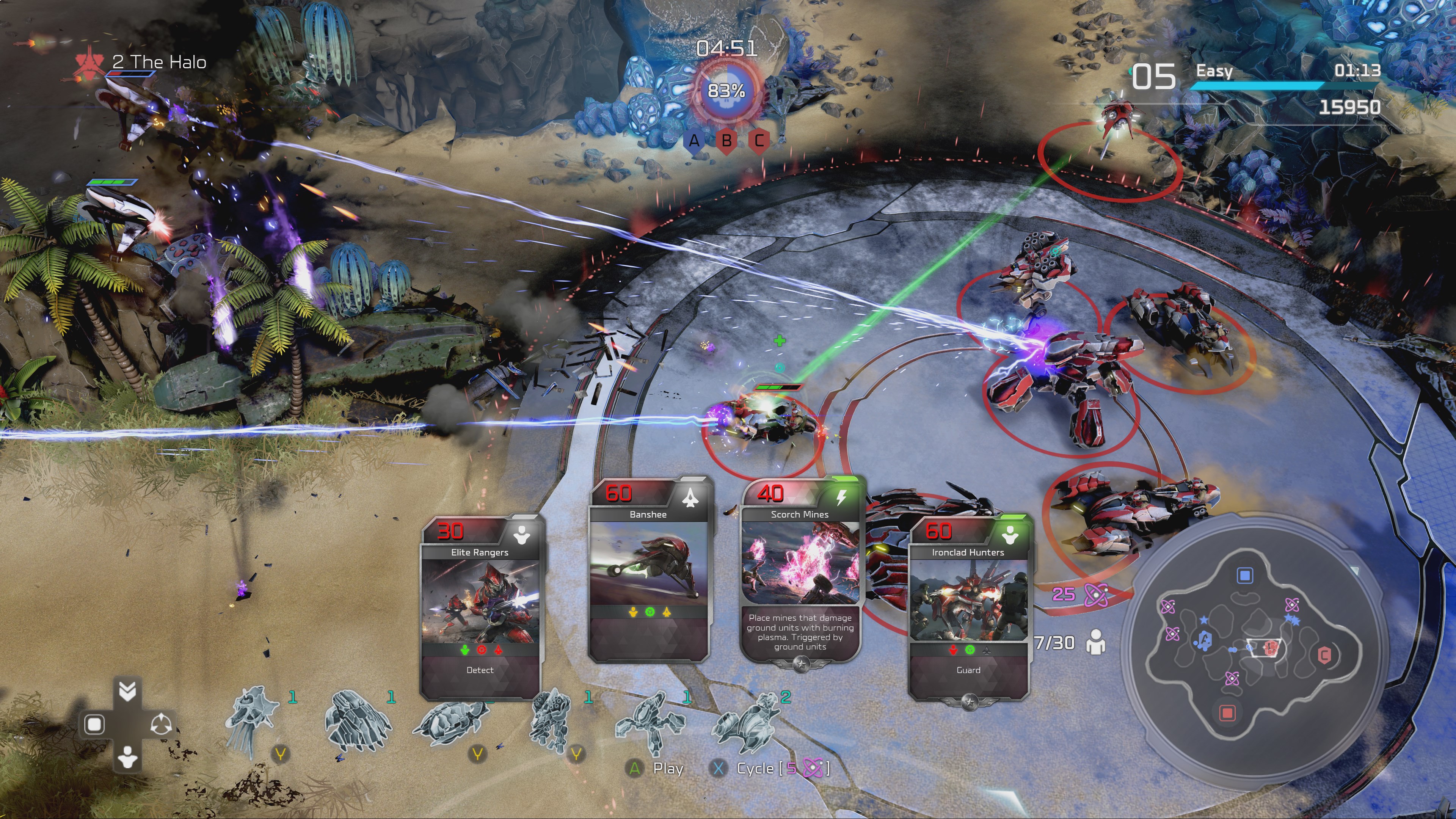 Combat du mode Blitz sur un point de contrôle, avec les cartes d’unités affichées en bas de l’écran.