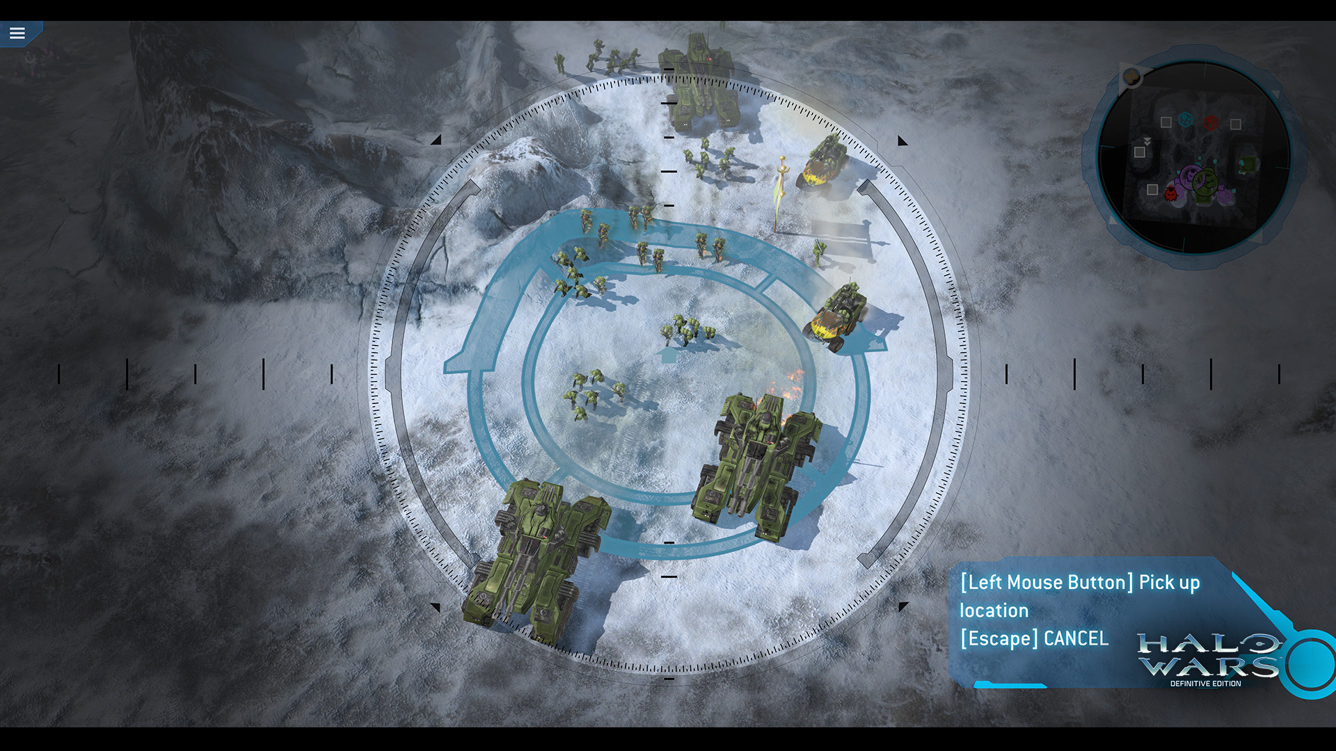 Capture de Definitive Edition : ciblage circulaire d’un pouvoir de commandant autour de chars dans la neige.