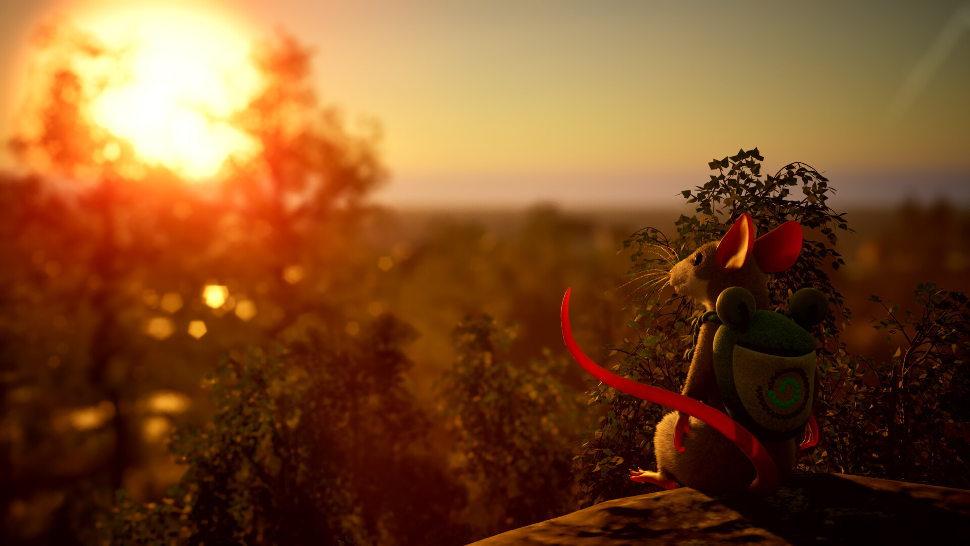 Une souris portant un sac observe un coucher de soleil.