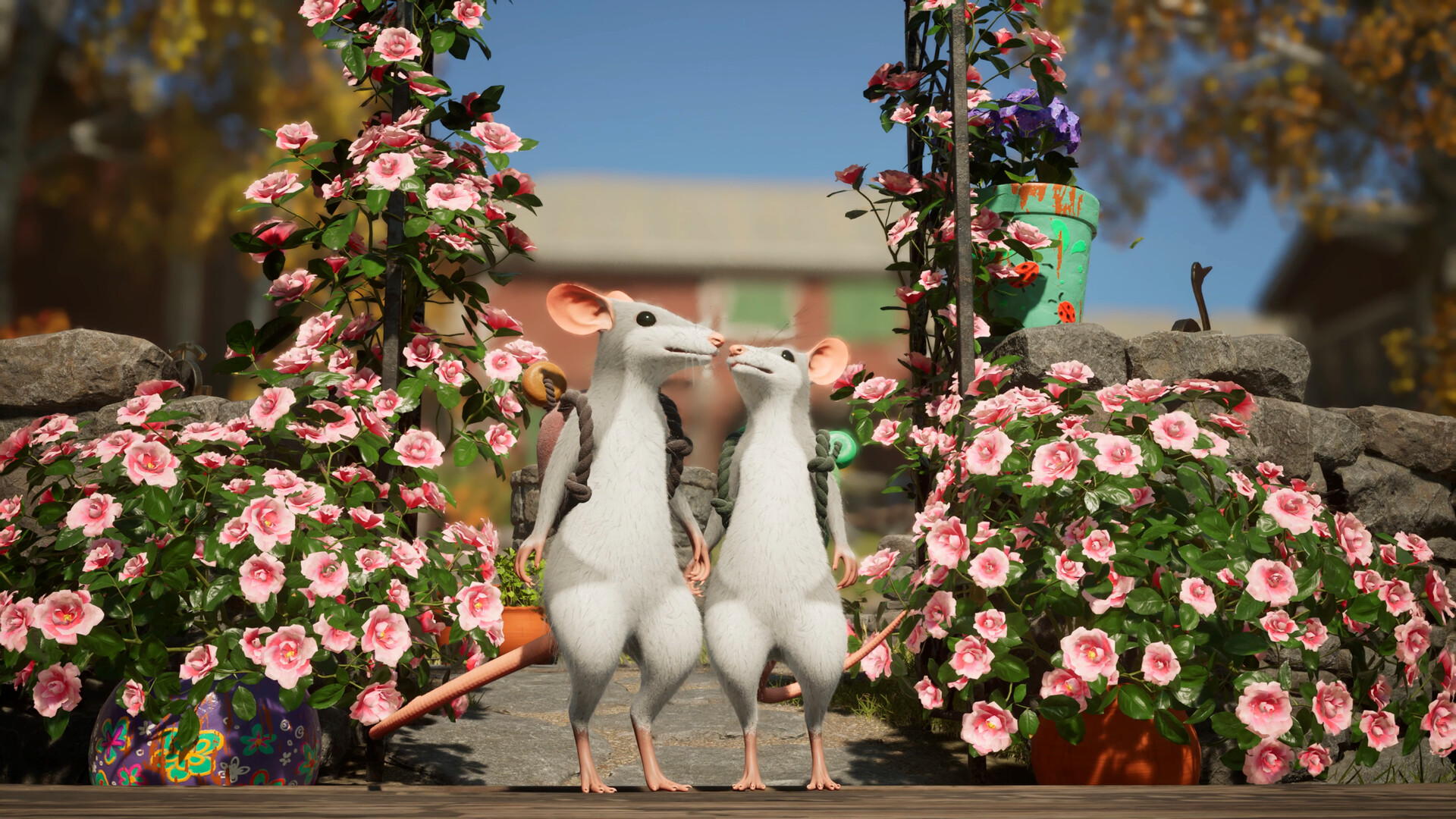 Deux souris se tiennent dans un jardin entouré de roses dans Hela.
