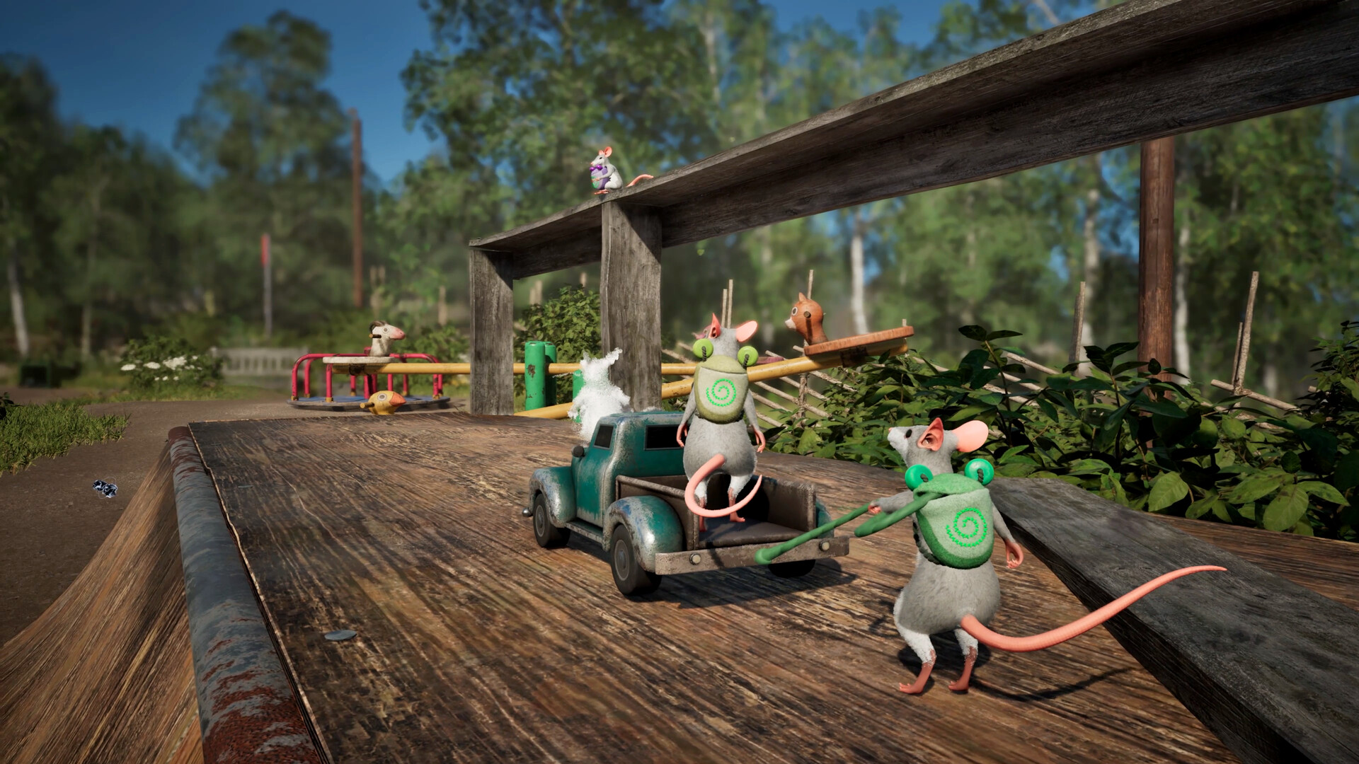 Des souris coopèrent autour d’une petite voiture sur une passerelle en bois.