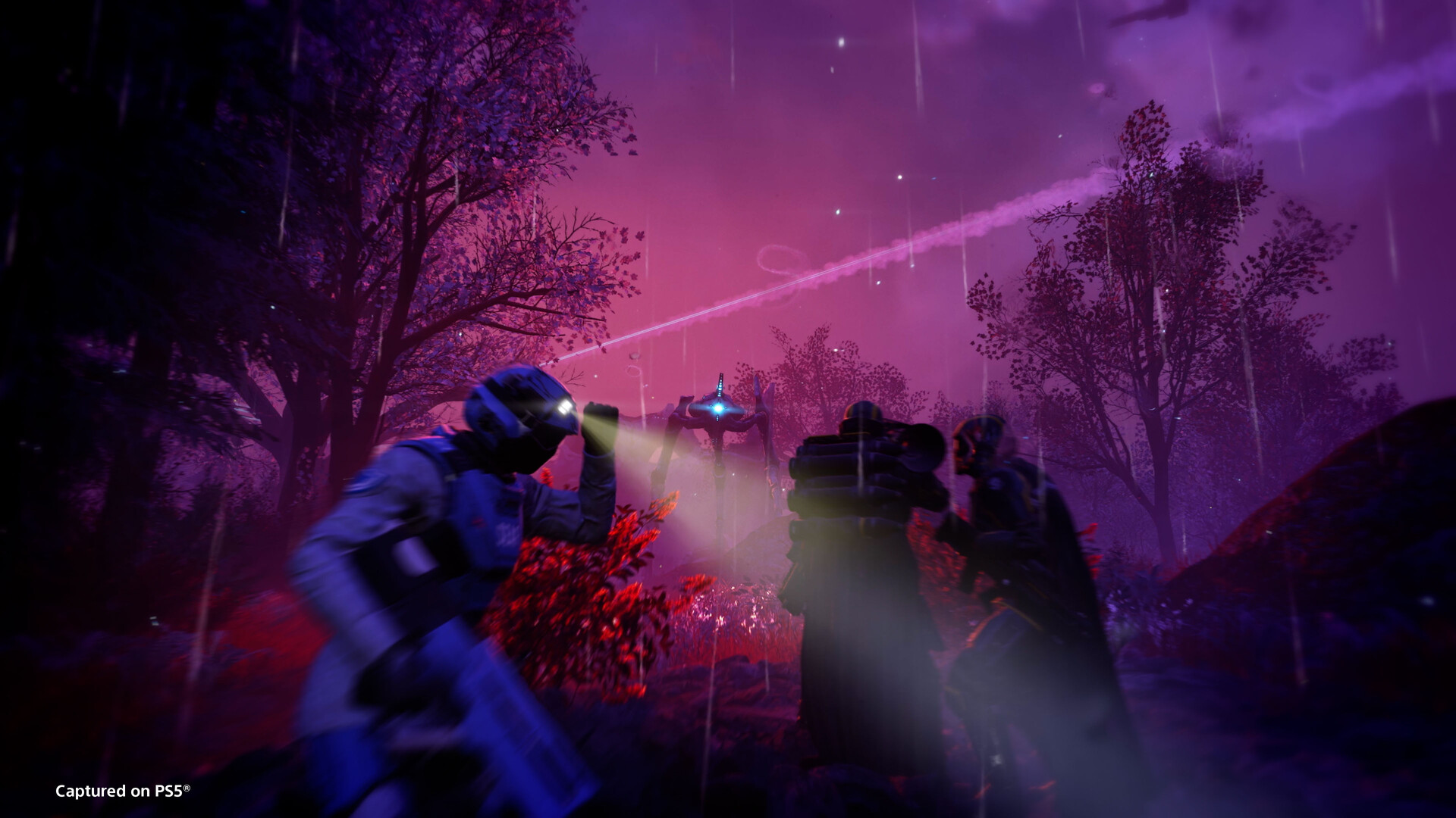 Un soldat affronte des ennemis sous un ciel violet.