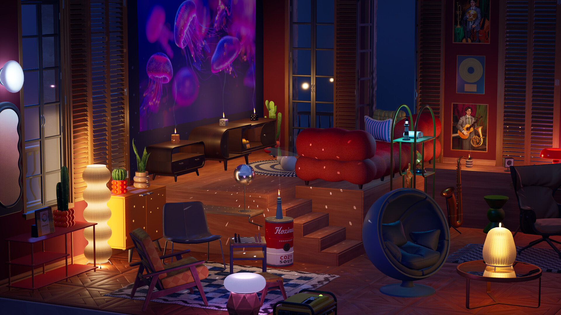 Un salon aux couleurs vives est meublé et décoré.