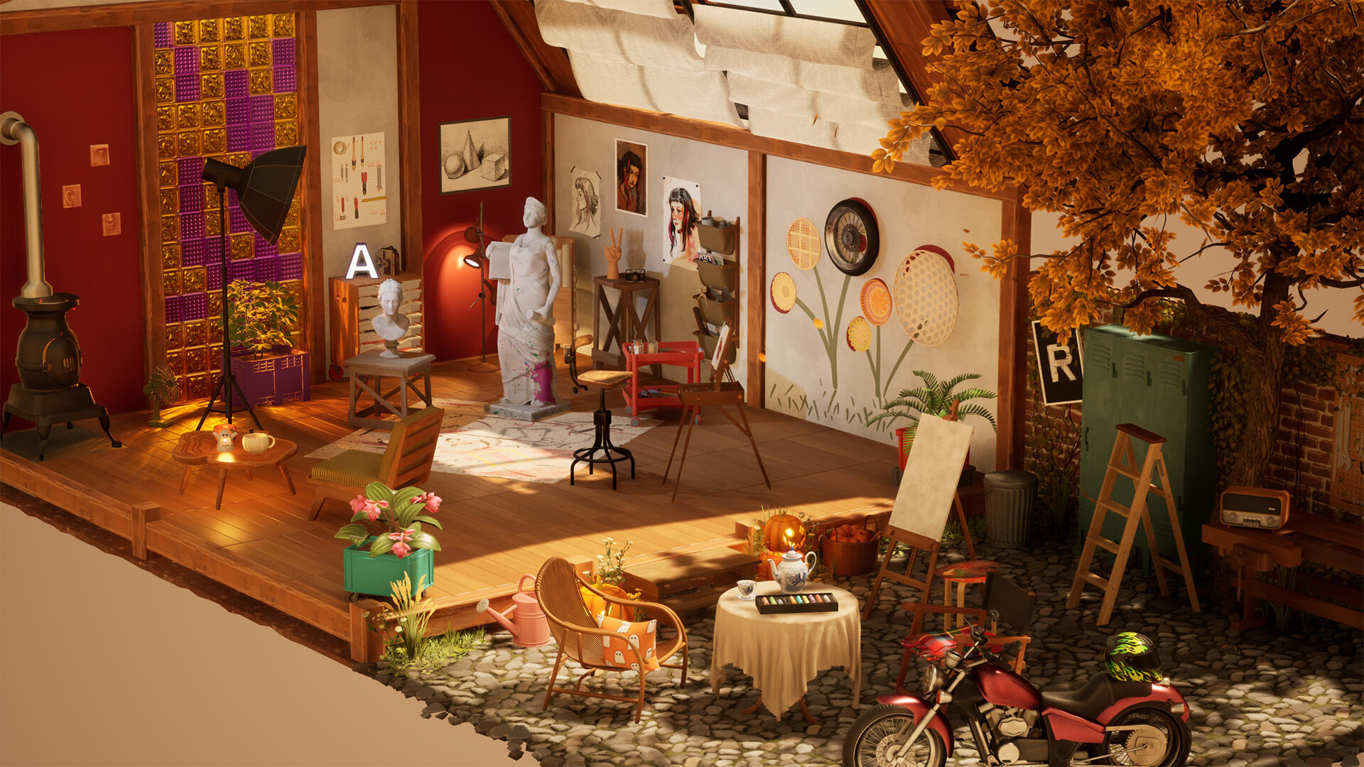 Un atelier lumineux contient tableaux, meubles et plantes.