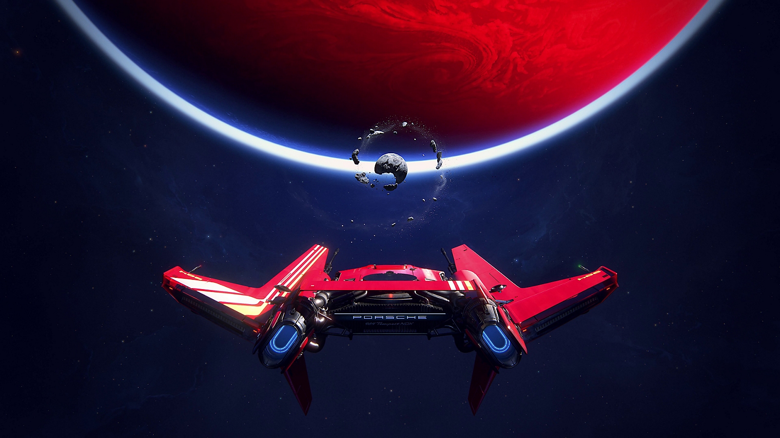 Vaisseau rouge de Jordan approchant une planète.