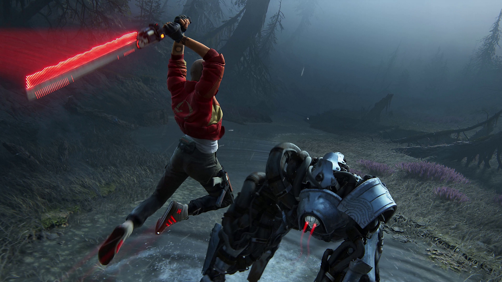 Jordan bondit vers un robot avec son arme rouge.