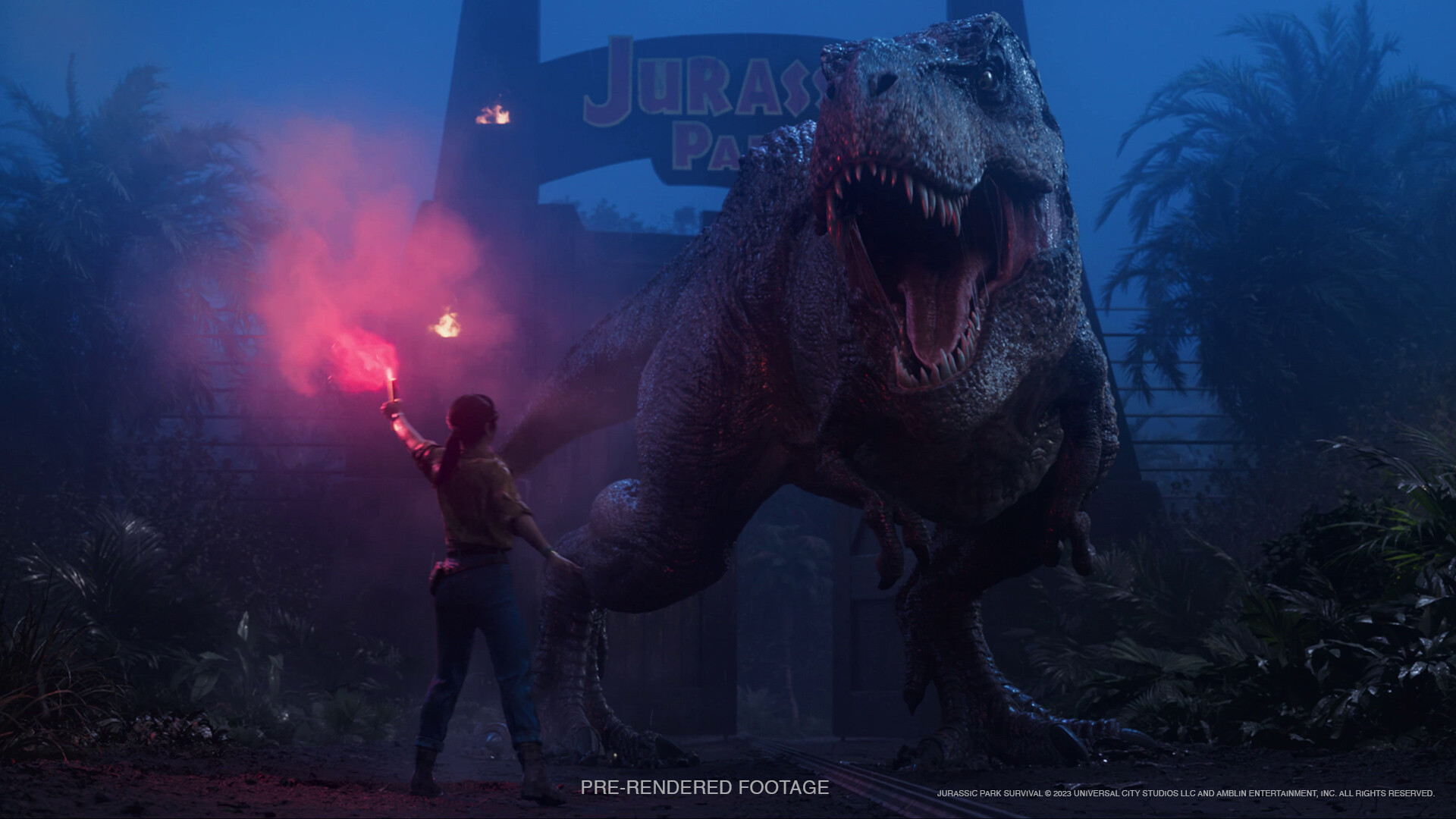 Une personne tient une fusée éclairante devant un grand dinosaure.