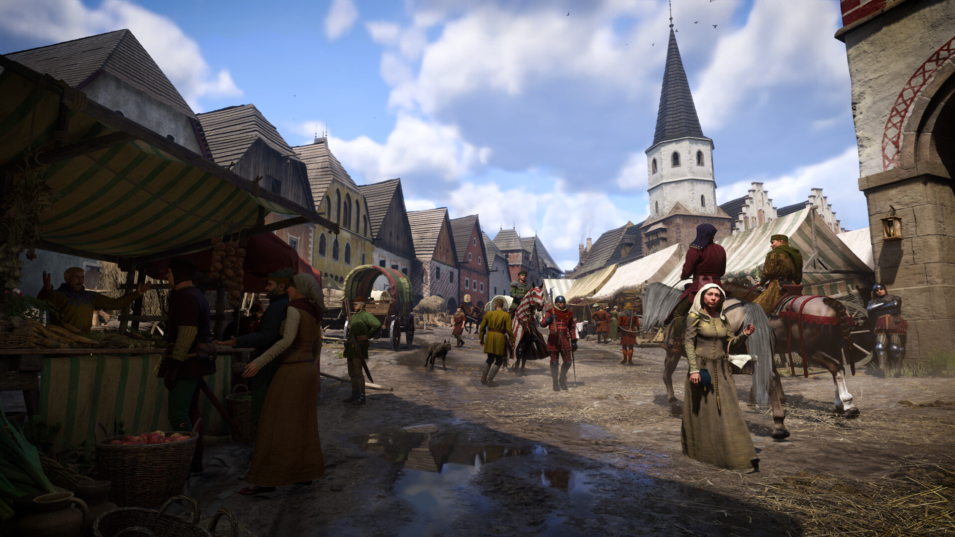 Des habitants traversent une place de marché médiévale.