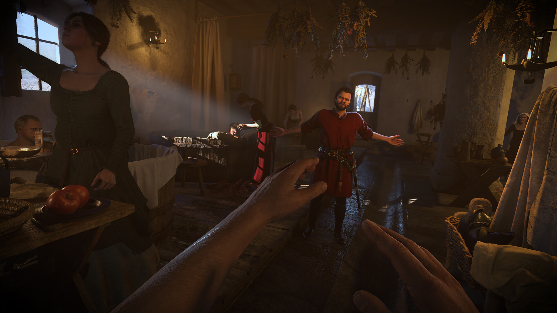 Des personnages sont réunis dans une taverne.