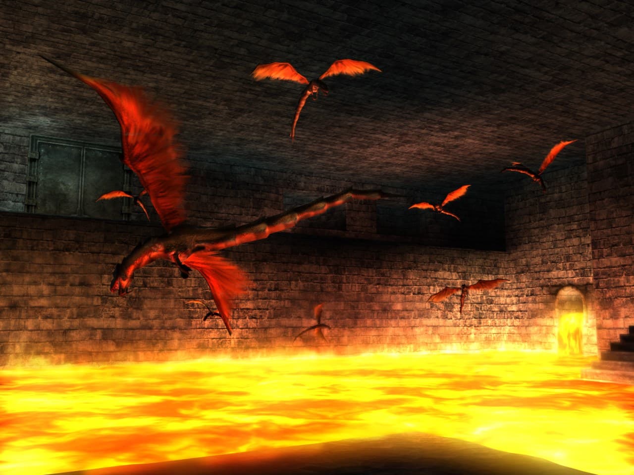 King’s Field IV / The Ancient City : créatures au-dessus de la lave.