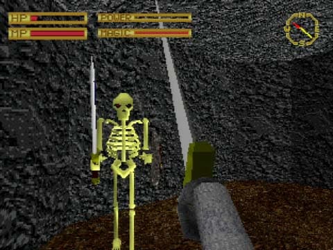 King’s Field (Japon, 1994) : squelette dans un tombeau.