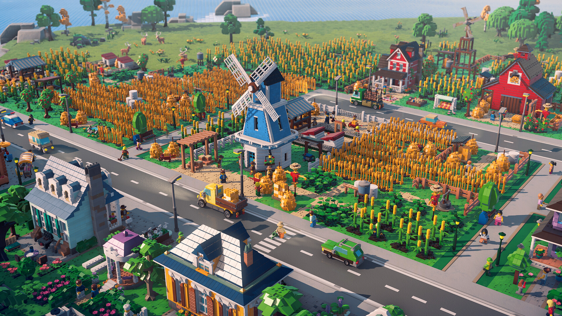 Une ville de briques comprend des maisons, des champs et un moulin.