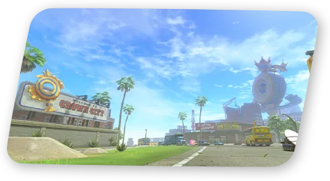 Une route de Mario Kart World traverse une grande plaine sous un ciel bleu.