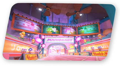 Une enseigne Mario Kart illumine un quartier décoré de lanternes.