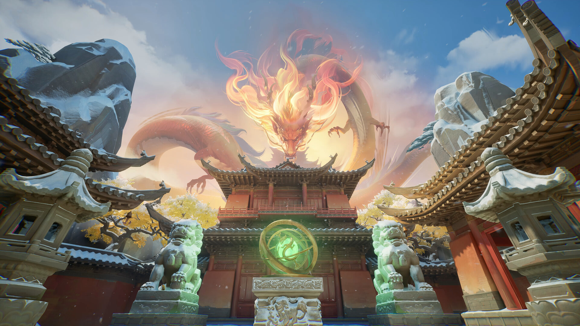Un dragon monumental domine l’entrée d’un temple.