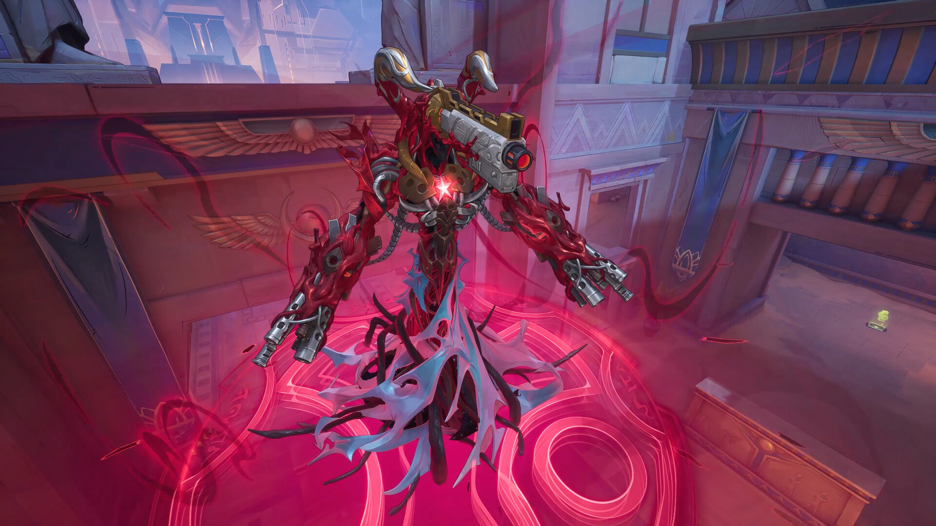 Un personnage s’élève au-dessus d’une zone de combat lumineuse.