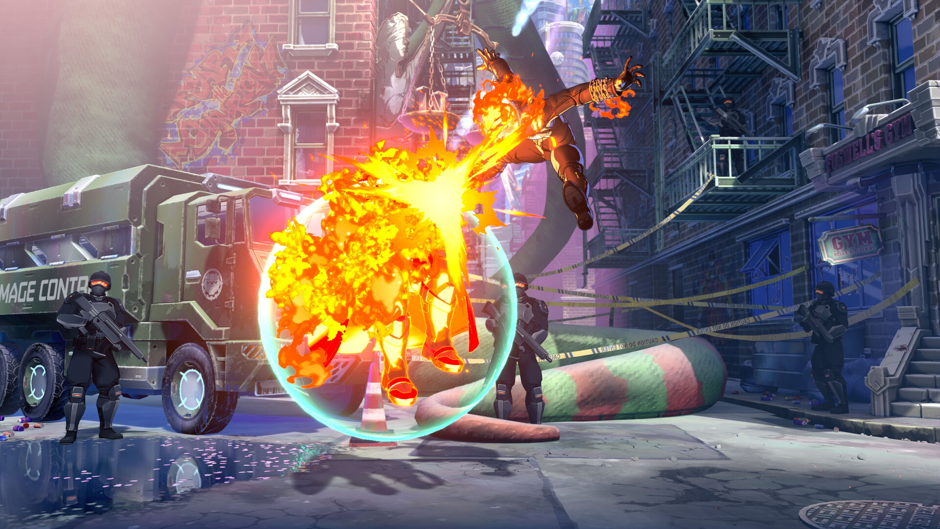 Un personnage en flammes attaque dans une rue.