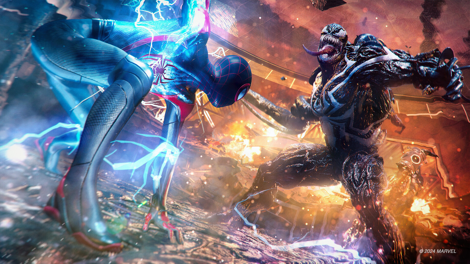 Deux Spider-Men affrontent Venom dans un combat illuminé d’éclairs.