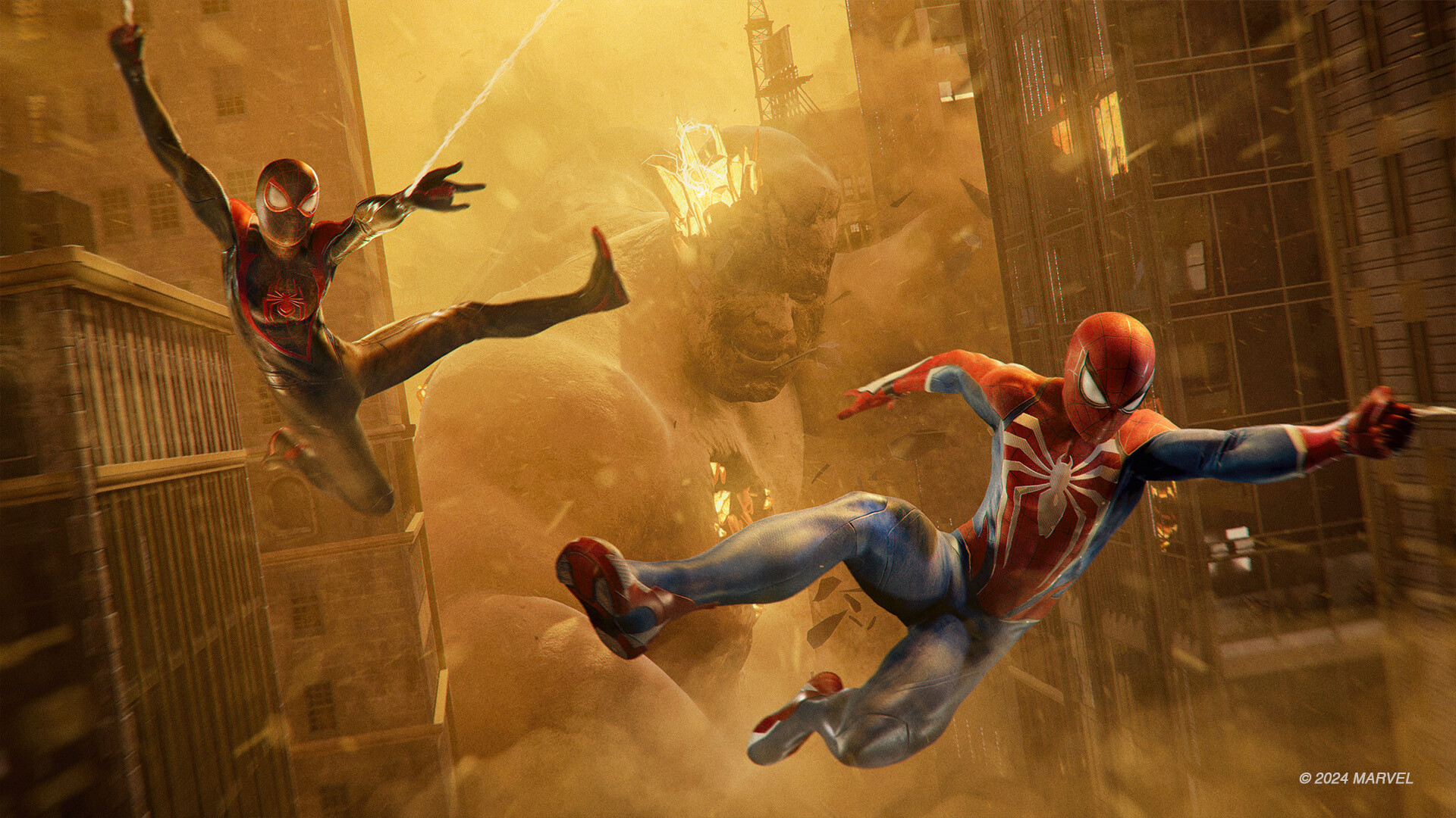 Deux Spider-Men sont projetés dans un nuage de sable.