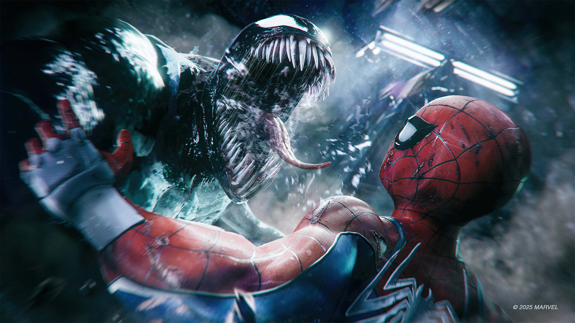 Spider-Man affronte Venom au corps à corps.