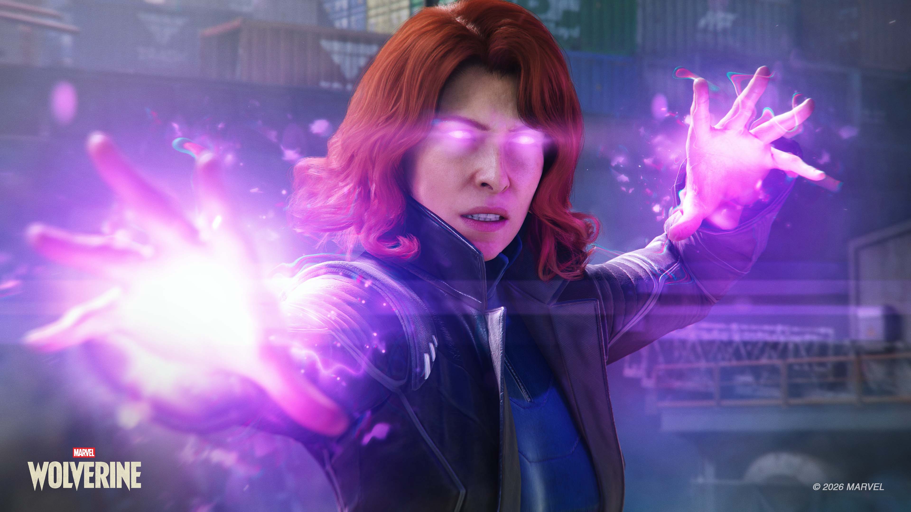 Une femme rousse projette une énergie violette avec ses mains.