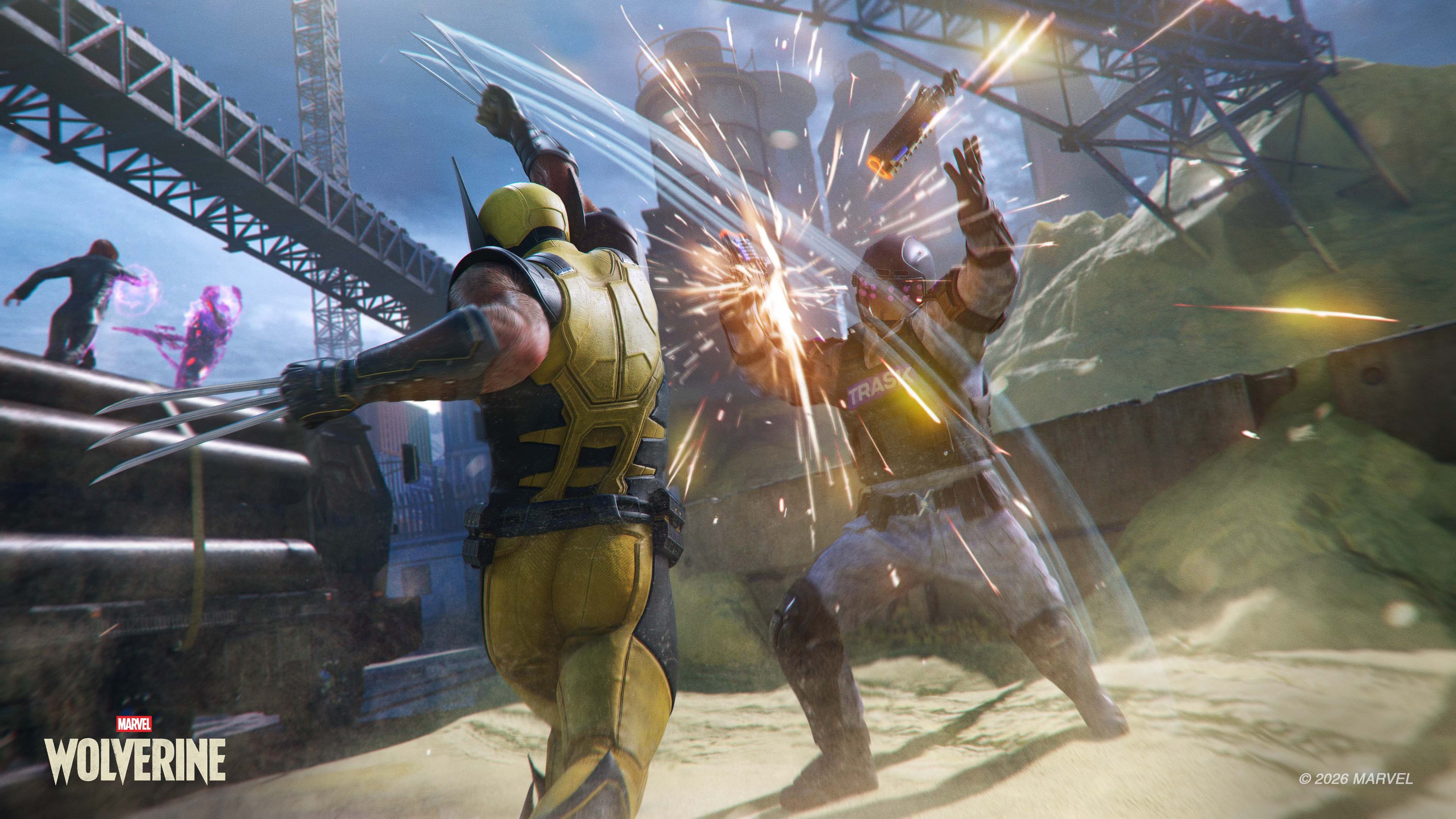 Wolverine affronte un adversaire dans un environnement industriel.