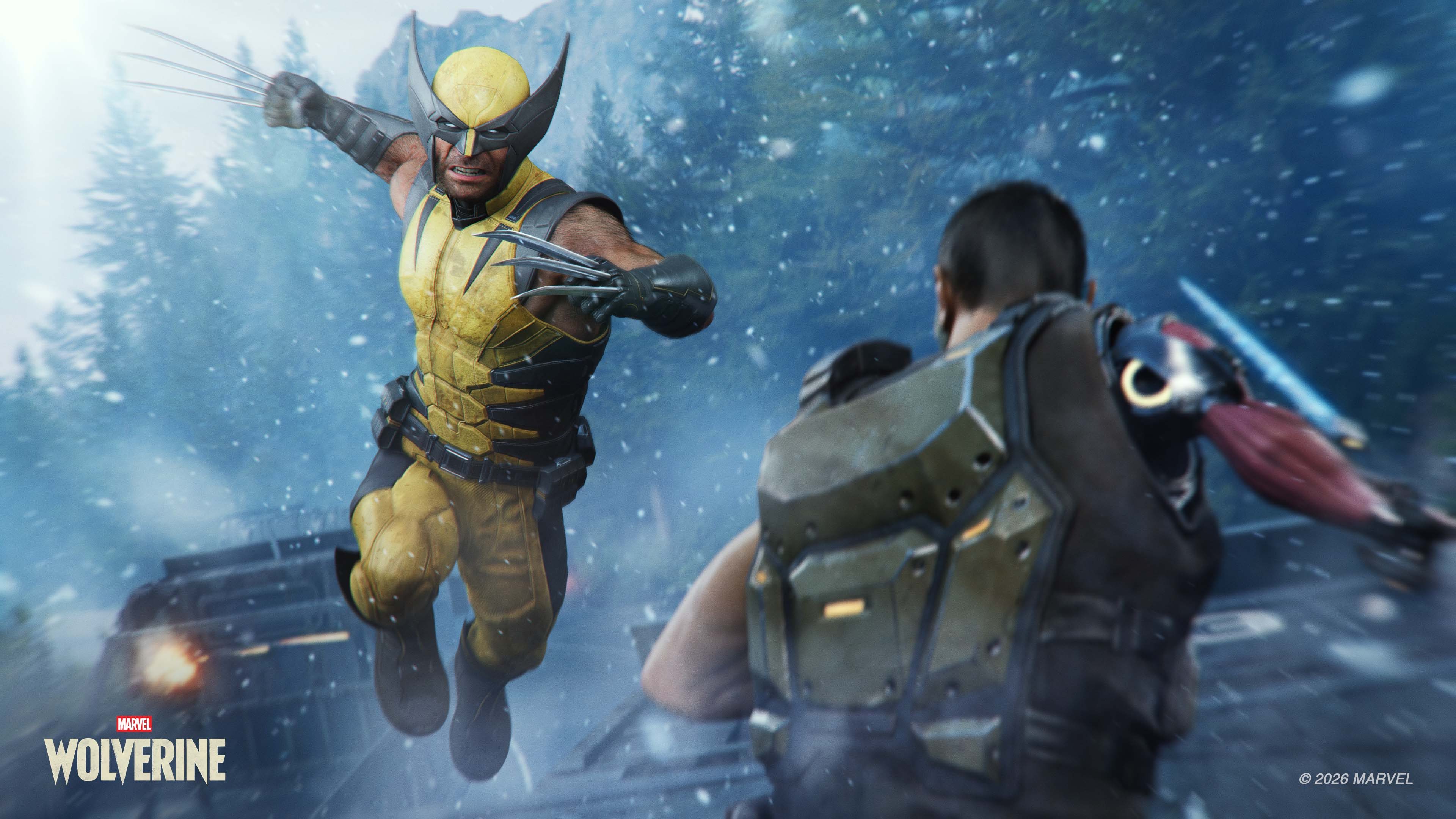 Wolverine bondit vers un adversaire dans la neige.