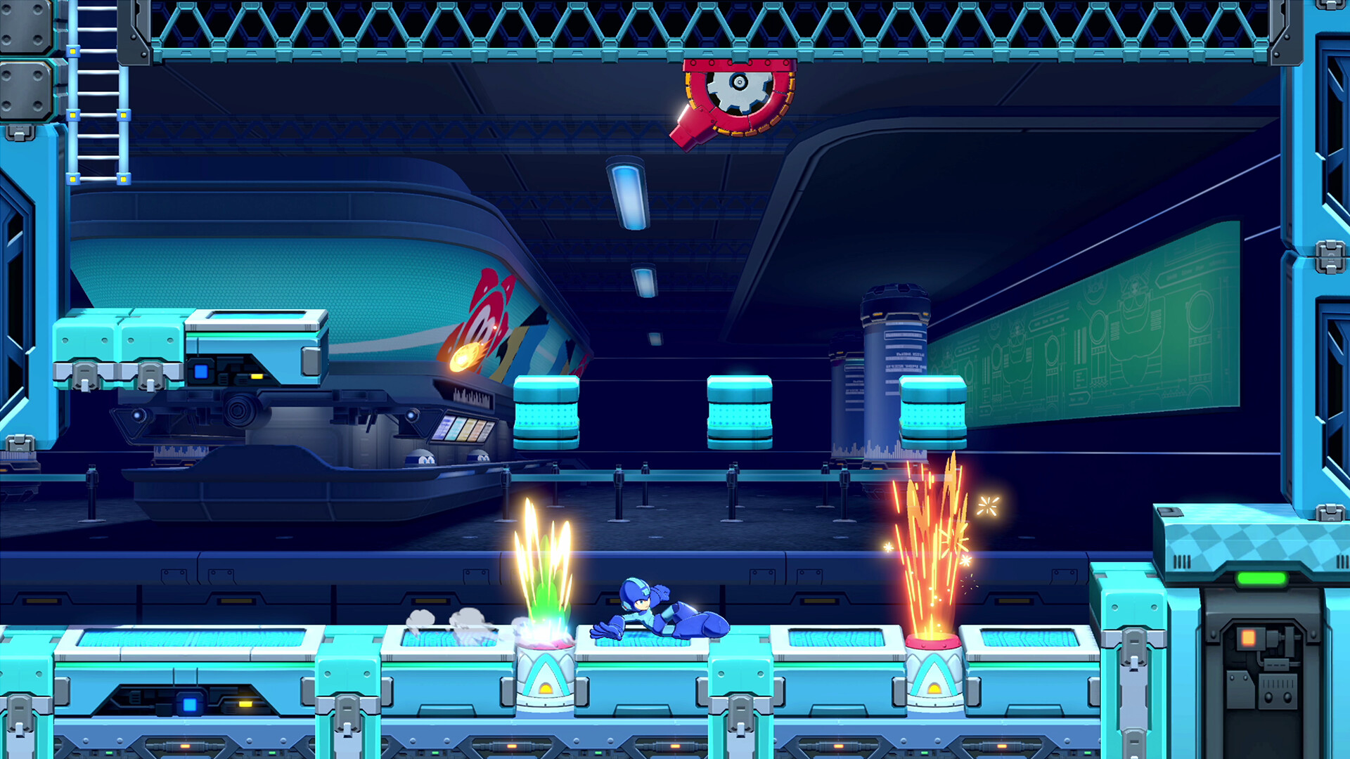 Mega Man traverse un niveau de plateformes comportant des pièges enflammés.