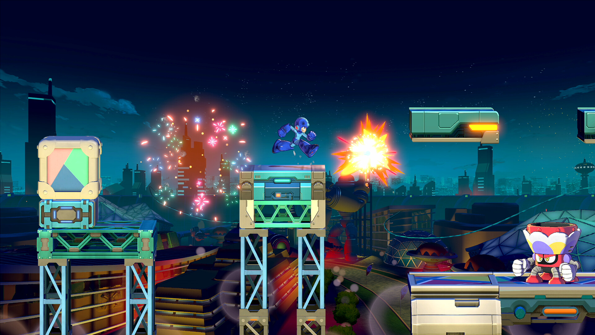 Mega Man combat au milieu de plateformes suspendues.