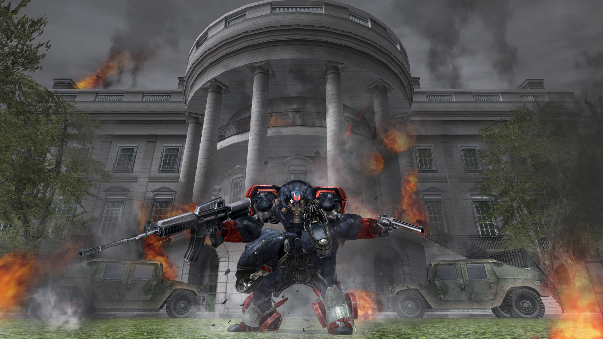 Metal Wolf combat devant un grand bâtiment américain.