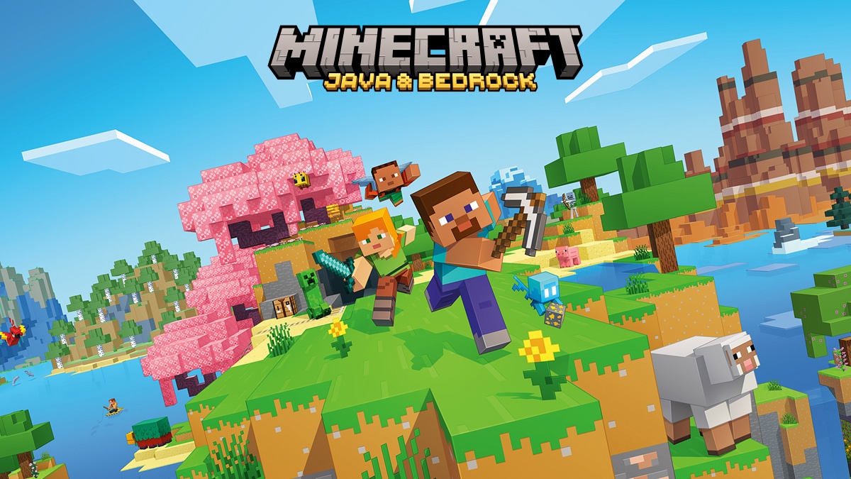 Illustration officielle de Minecraft, avec Steve et Alex au milieu des créatures et des blocs.