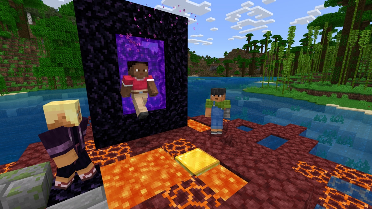 Un portail du Nether s’élève au bord d’une étendue de lave.
