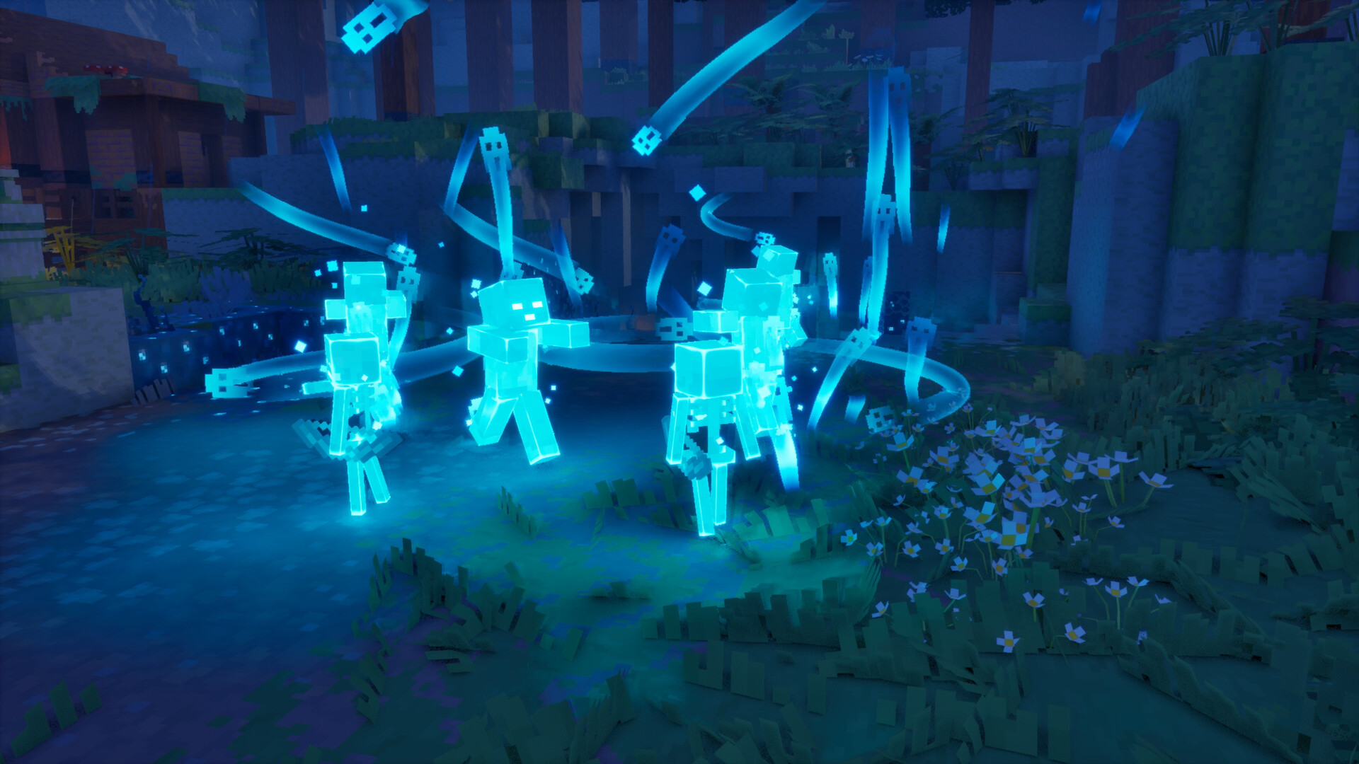 Des silhouettes bleues lumineuses apparaissent dans des ruines.