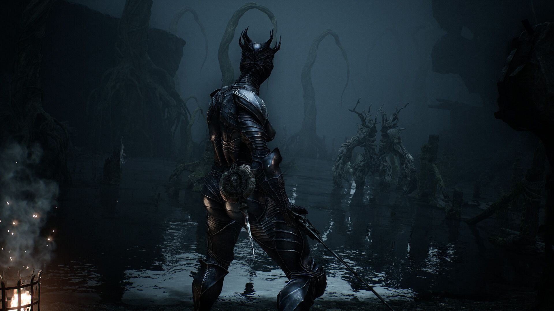 Un personnage en armure se tient devant de grandes structures.