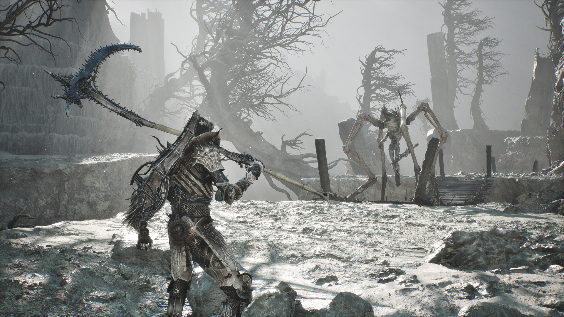 Un personnage armé traverse des ruines enneigées.