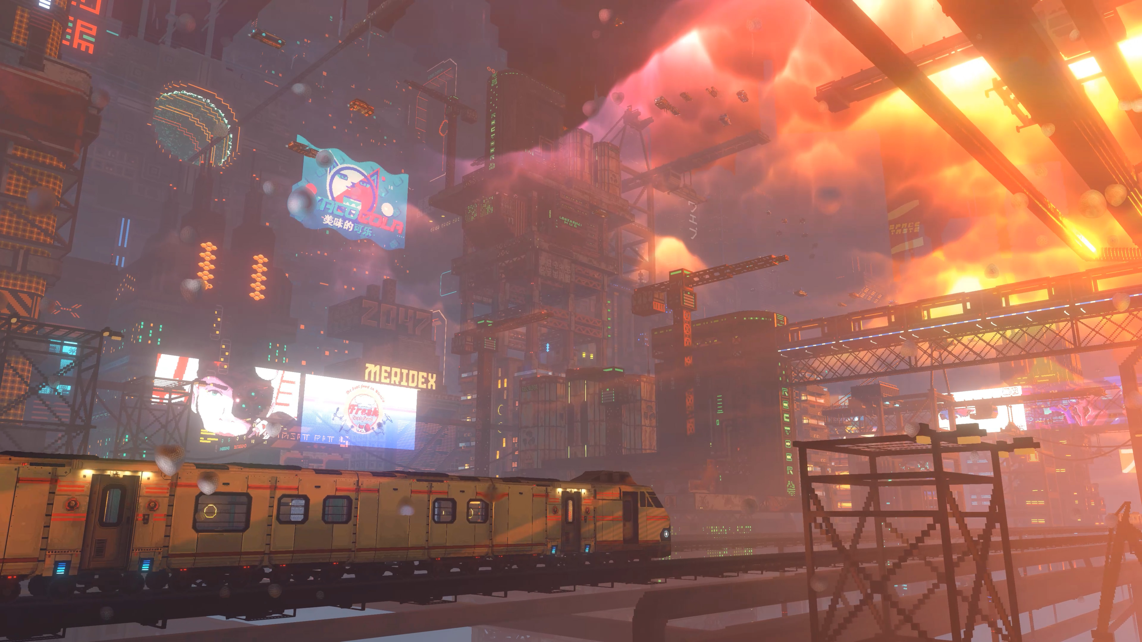 Train et voies suspendues devant les tours de Nivalis Nights au soleil couchant. Capture promotionnelle officielle, sans interface.